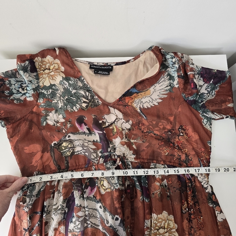 Hemant & Nandita Zeri Tiered Floral Bird Print Peasant Dress 8 Ruffle Sleeves - Picture 10 of 14